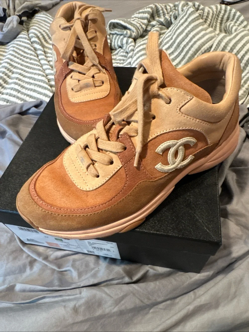 CHANEL Pink & Beige Suede Sneakers